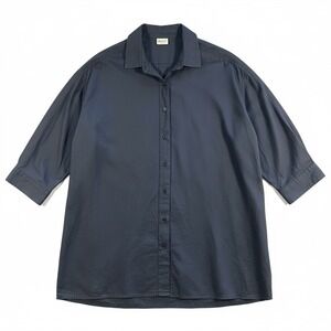 Pact Organic Cotton Button Down Shirt Navy Blue 3/4 Sleeve XL/XXL Oversized